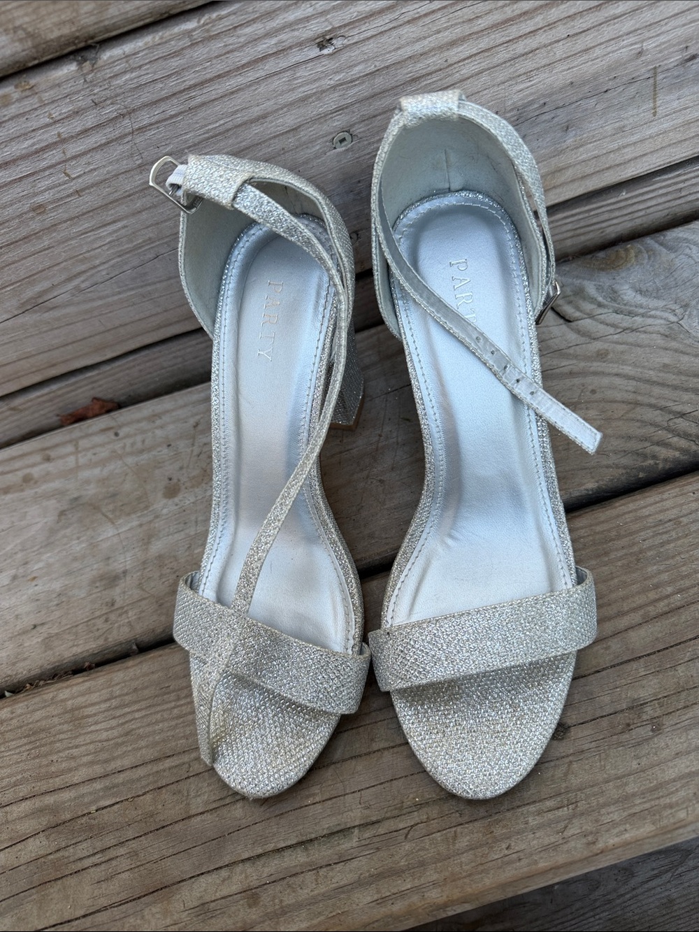 Glitter Ankle-Strap Block Heel Sandals - Silver